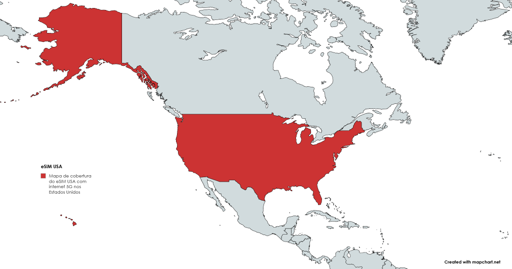Mapa de cobertura do eSIM USA com internet 5G nos Estados Unidos